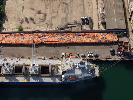 Aerial view of a cargo ship docked at the port with large stacks of orange wrapped cargo on the pier and industrial infrastructure in Bajos de Haina San Cristobal Province Dominican Republic.