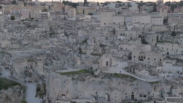 Aerial view of Sassi di Matera historic stone dwellings Italy.