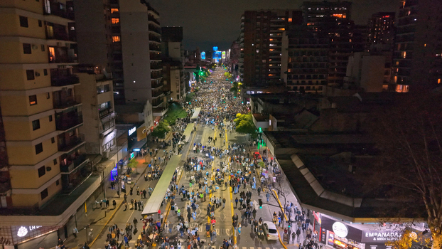 Buenos Aires Argentina 15 July 2026 Aerial view of the Cabildo and Juramento intersection in Belgrano filled with crowds celebrating the FIFA World Cup 2026 at night. Buenos Aires Argentina 15 July 2026 Aerial view of the Cabildo and Juramento intersection in Belgrano filled with crowds celebrating the FIFA World Cup 2026 at night.