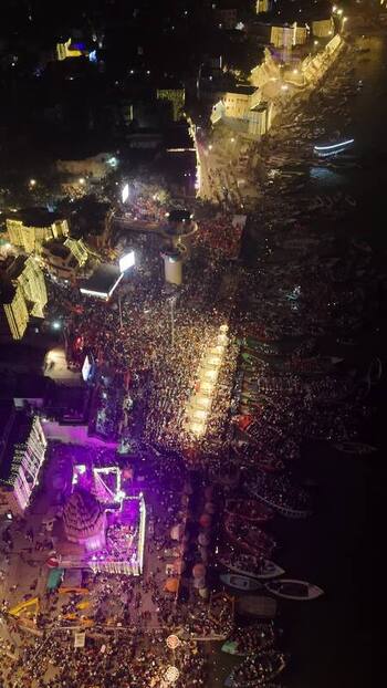 Aerial view of Dashashwamedh Ghat during Ganga Aarti India.