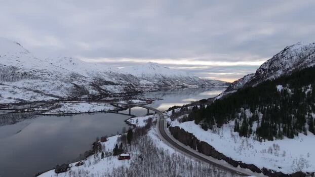 Aerial view of Lofoten bridge in Vagan Municipality Norway.
