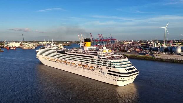 Aerial view of a cruise ship at Hamburg Cruise Center Altona Germany. Aerial view of a cruise ship at Hamburg Cruise Center Altona Germany.