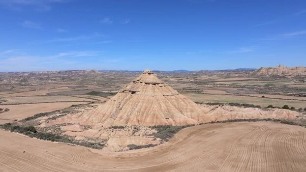 Aerial view of Bardenas Reales desert landscape in Spain.