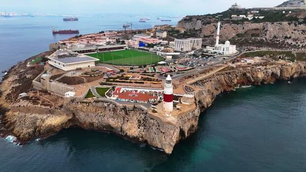 Aerial view of Europa Point lighthouse and mosque in Gibraltar Gibraltar.