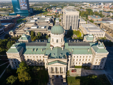 Indianapolis Indiana United States 27 September 2026 Aerial view of the Indiana Statehouse featuring its copper dome neoclassical architecture and surrounding urban landscape. Indianapolis Indiana United States 27 September 2026 Aerial view of the Indiana Statehouse featuring its copper dome neoclassical architecture and surrounding urban landscape.