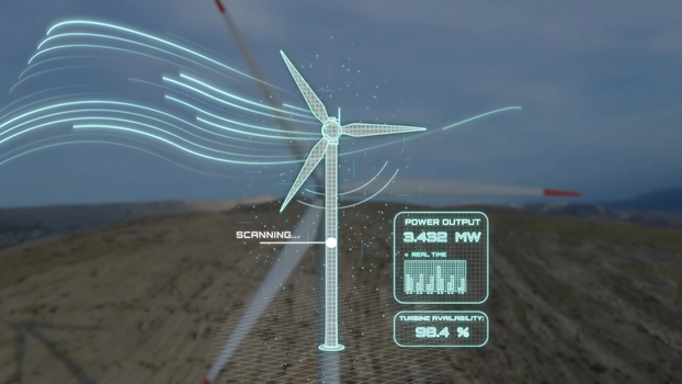 Aerial view of Wind Turbine Digital Twin With Airflow Simulation and Performance Data Aerial view of Wind Turbine Digital Twin With Airflow Simulation and Performance Data