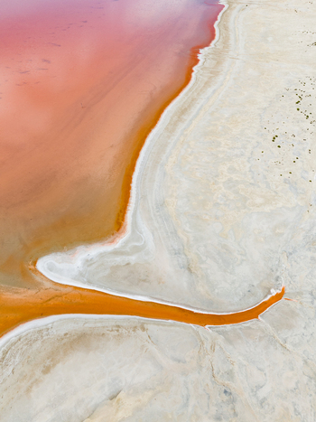 Aerial view of the vibrant pink salt lake in the Mallee region showcasing intricate mineral patterns and contrasting white salt crusts in Woorinen North Victoria Australia. Aerial view of the vibrant pink salt lake in the Mallee region showcasing intricate mineral patterns and contrasting white salt crusts in Woorinen North Victoria Australia.