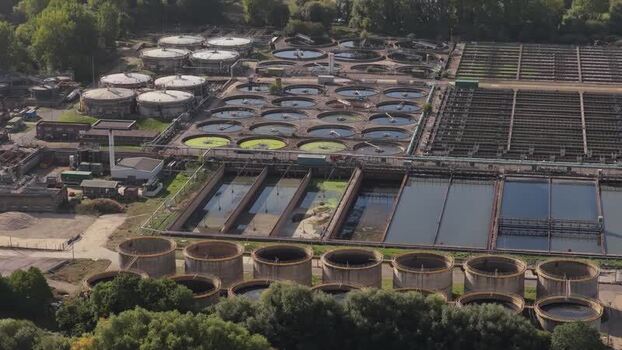 Aerial view of water treatment plant in Maple Cross United Kingdom.