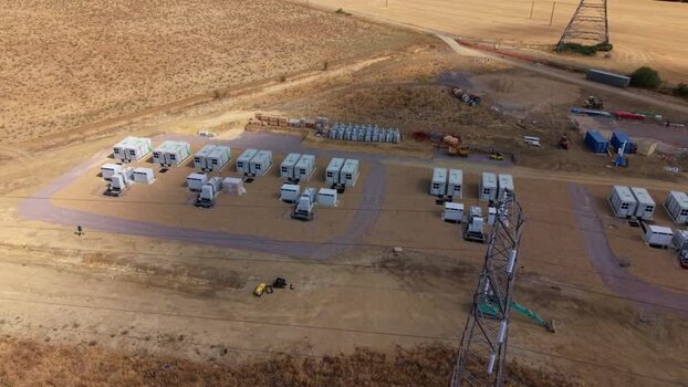 Aerial view of Eaton Socon Substation and solar farm United Kingdom.