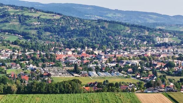 Aerial view of Deutschlandsberg town and hills Austria.