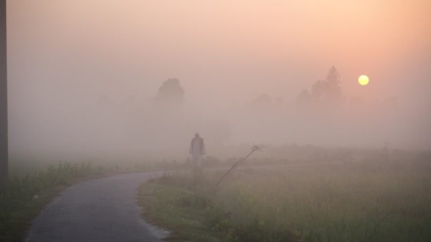 View of a person walking on a foggy road at sunrise Bangladesh.