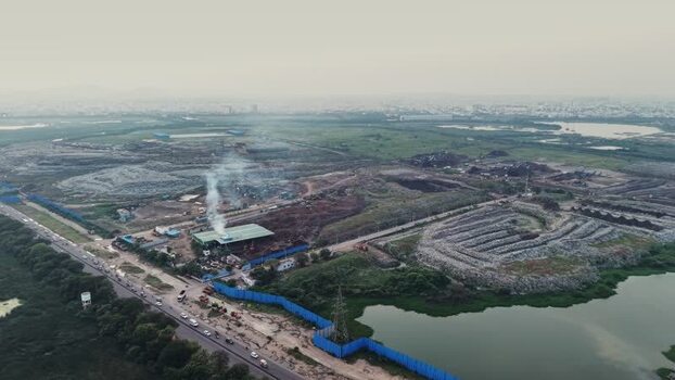 Aerial view of waste recycling facility in India. Aerial view of waste recycling facility in India.