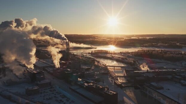 Aerial view of Metsa Board Aanekoski factory at sunset Finland.