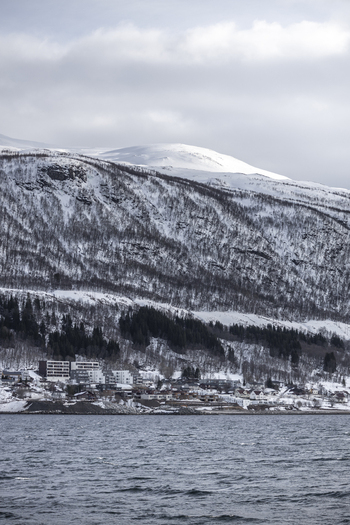 View of snow covered mountains and coastal buildings along the fjord under a cloudy winter sky in Tromso Troms Norway.