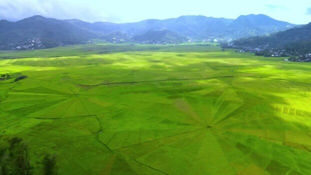 Aerial view of Lingko Spider Web Rice Fields and mountains Indonesia.