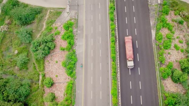 Aerial view of highway with truck in Agra India. Aerial view of highway with truck in Agra India.