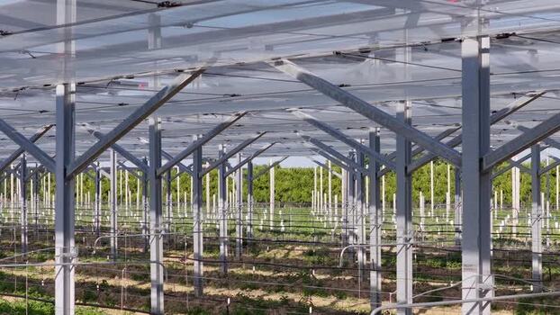 Aerial view of agricultural netting structure in Faenza Italy.