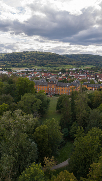 Aerial view of Chateauform Schloss Lowenstein a historic palace surrounded by lush green trees and gardens with the town of Kleinheubach in the background Kleinheubach Bayern Germany. Aerial view of Chateauform Schloss Lowenstein a historic palace surrounded by lush green trees and gardens with the town of Kleinheubach in the background Kleinheubach Bayern Germany.