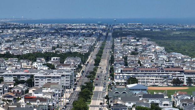 Aerial view of the residential streets and houses in the coastal town of Stone Harbor New Jersey United States.