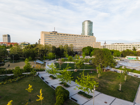 Aerial view of Freedom Square with lush green lawns paved walkways and modern urban architecture in the background Bratislava I Bratislavsky kraj Slovakia. Aerial view of Freedom Square with lush green lawns paved walkways and modern urban architecture in the background Bratislava I Bratislavsky kraj Slovakia.