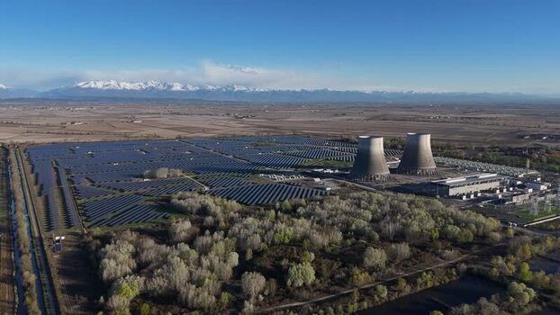 Aerial view of Solar Park and towers in Trino Italy.