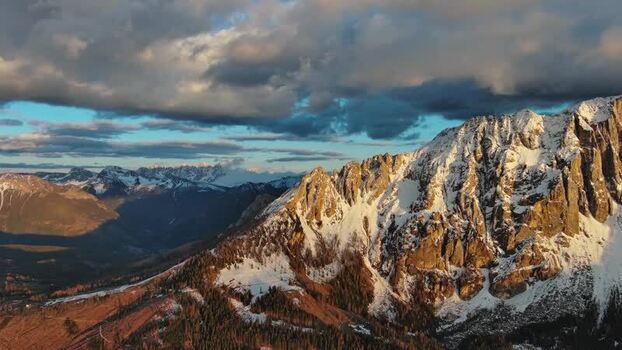 Aerial view of Dolomite Mountains in Canazei Italy.