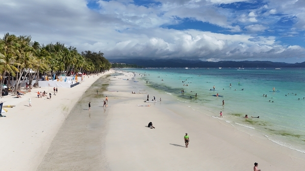 Malay Philippines 02 May 2026 Aerial view of Boracay Island with its white sand beach turquoise waters and palm trees under a cloudy sky.