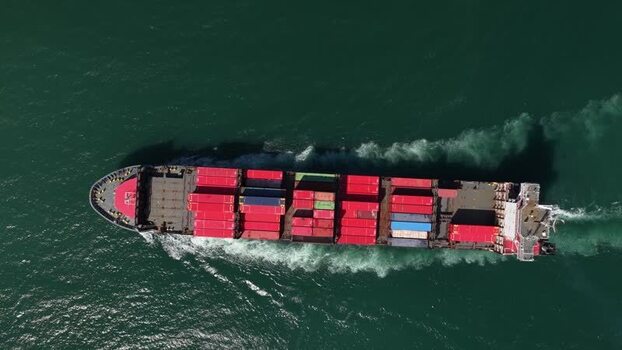 Aerial view of a cargo ship on the ocean Portugal.