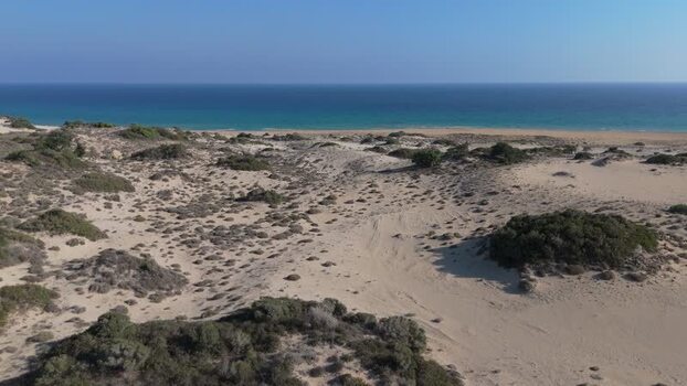 Aerial view of sandy dunes and coastal landscape Northern Cyprus.