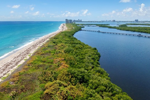 Aerial view of McArthur Beach featuring the sandy coastline lush green mangroves and a long wooden bridge over the calm lagoon in North Palm Beach Florida United States.