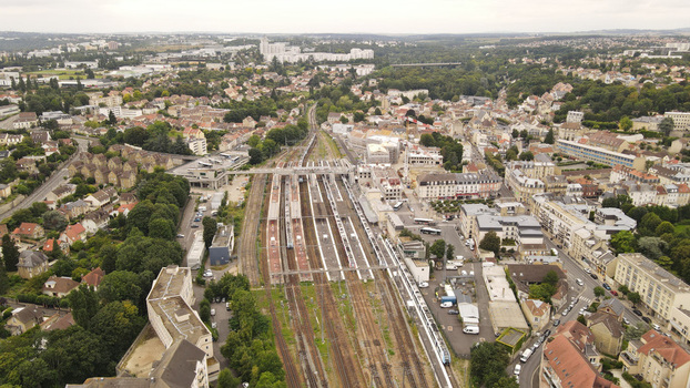 Aerial view of the railway station and surrounding urban landscape in Pontoise Ile de France France. Aerial view of the railway station and surrounding urban landscape in Pontoise Ile de France France.