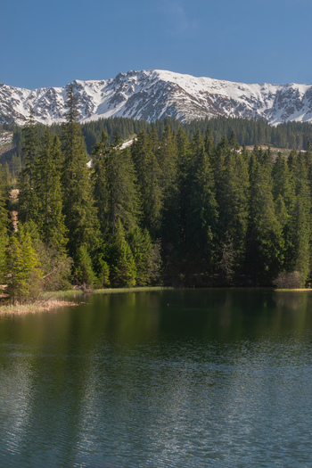 View of Vrbicke pleso in Low Tatras surrounded by a dense evergreen forest and snow capped mountain peaks under a clear blue sky in Demanovska Dolina Zilina Region Slovakia. View of Vrbicke pleso in Low Tatras surrounded by a dense evergreen forest and snow capped mountain peaks under a clear blue sky in Demanovska Dolina Zilina Region Slovakia.