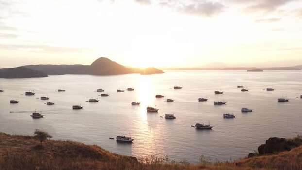 Aerial view of Padar Island at sunset in Indonesia.