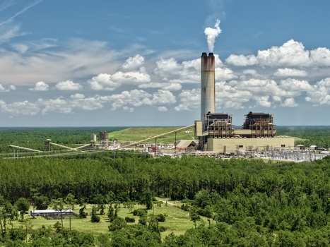 Aerial view of the Seminole Electric power plant with its prominent smokestack and industrial infrastructure surrounded by lush green forest in Palatka Florida United States.
