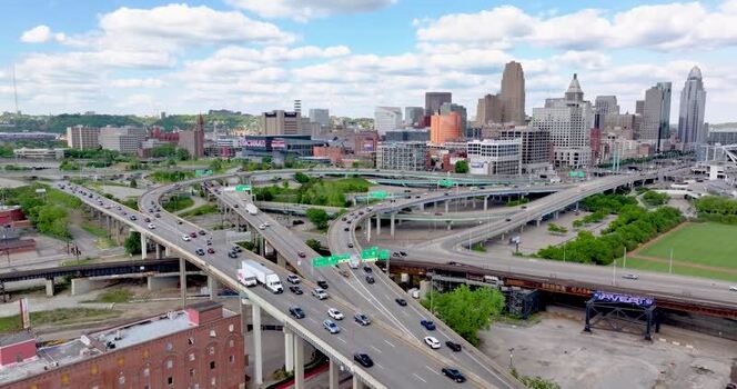 Aerial view of Cincinnati skyline and highway traffic United States. Aerial view of Cincinnati skyline and highway traffic United States.
