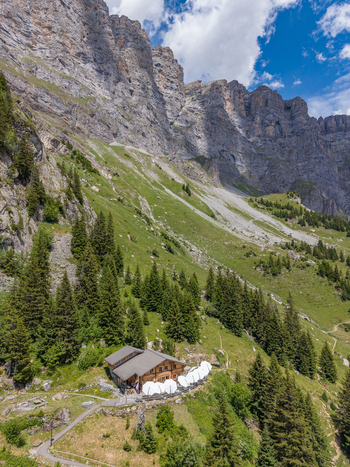 Aerial view of Tallihutte SAC mountain hut nestled on a green alpine slope with pine trees and a dramatic rocky mountain face in Innertkirchen Bern Switzerland.