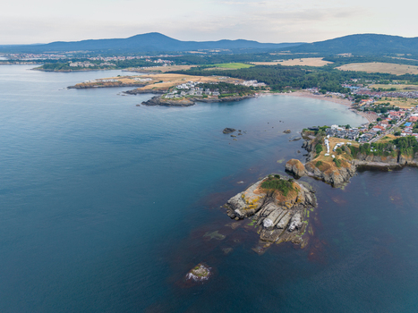 Aerial view of Arapya beach with rocky coastline calm sea and surrounding hills in Burgas Bulgaria. Aerial view of Arapya beach with rocky coastline calm sea and surrounding hills in Burgas Bulgaria.