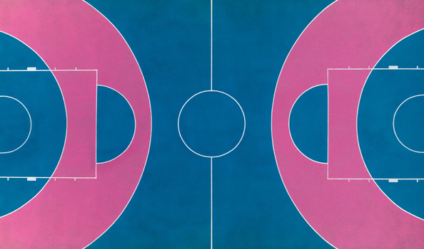 Aerial view of a vibrant basketball court with contrasting blue and pink surfaces at Bentworth Open Space in London England United Kingdom.