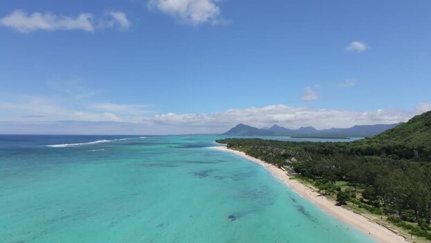 Aerial view of Le Morne peninsula and turquoise lagoon Mauritius.