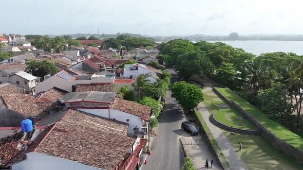 Aerial view of Galle Fort with historic rooftops Sri Lanka.