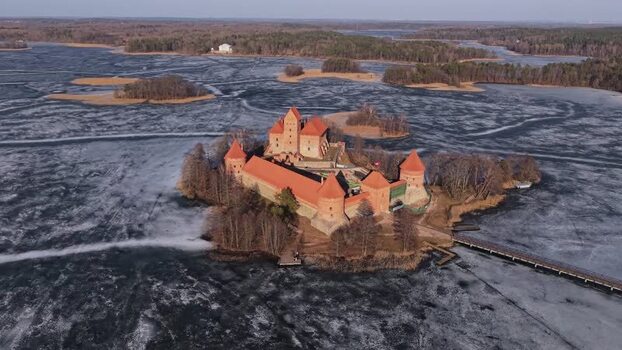Aerial view of Trakai Island Castle Lithuania.