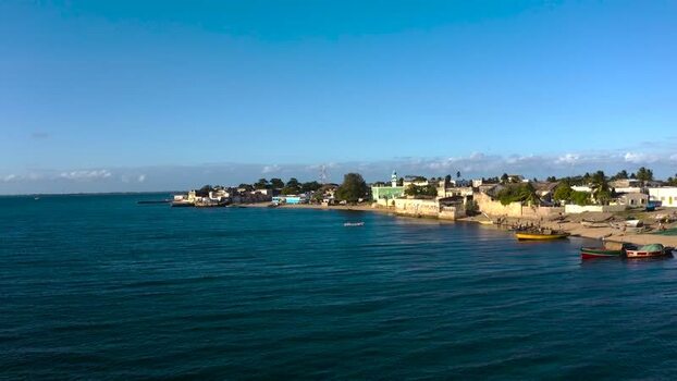 Aerial view of Mosque and coastal buildings Mozambique.