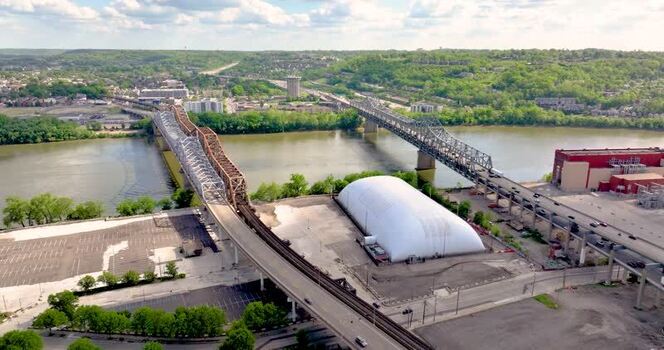 Aerial view of bridges crossing the Ohio River United States. Aerial view of bridges crossing the Ohio River United States.
