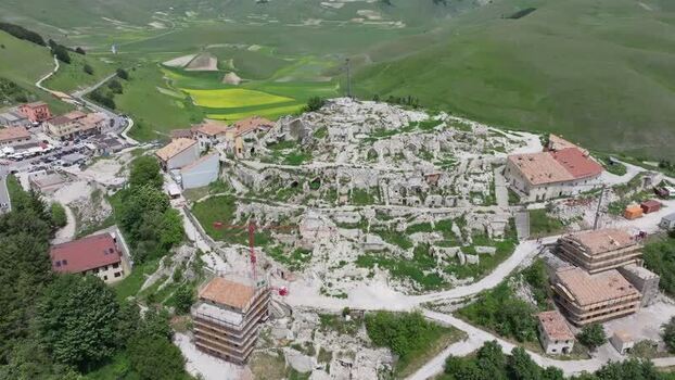 Aerial view of Castelluccio ruins in Umbria Italy.