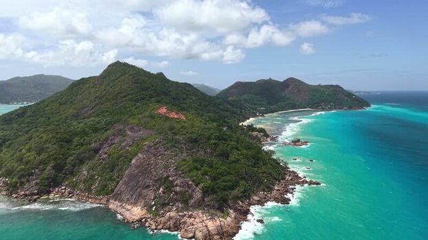 Aerial view of the lush tropical hills of Round Island Seychelles.