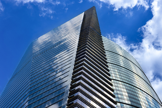 View of modern glass skyscrapers reflecting white clouds under a bright blue sky Mexico City Mexico City Mexico.