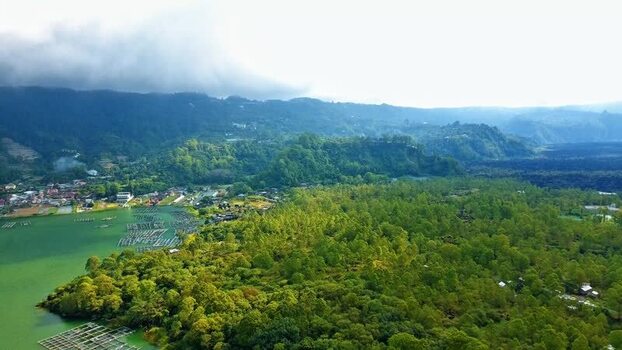 Aerial view of South Batur and Lake Batur Indonesia.