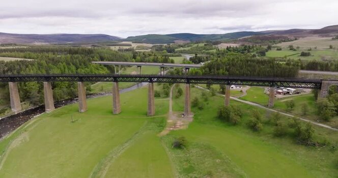 Aerial view of Findhorn Bridge and railway viaduct United Kingdom. Aerial view of Findhorn Bridge and railway viaduct United Kingdom.