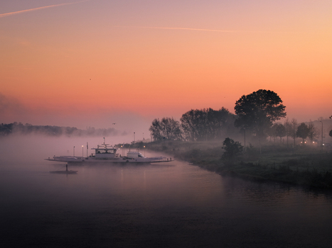Aerial view of a ferry boat crossing the misty Meuse river during a vibrant orange sunrise with thick fog over the water and trees on the bank in Kessel Limburg Netherlands.