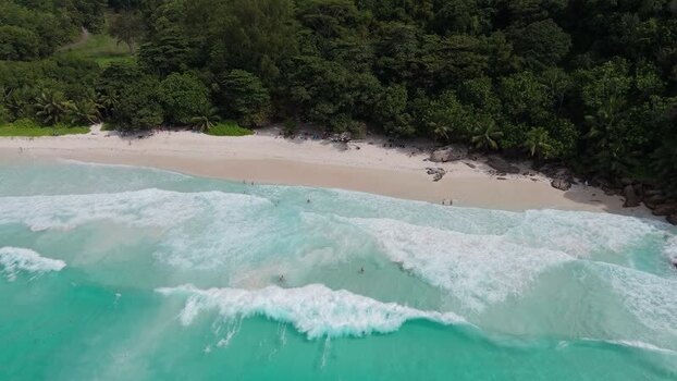 Aerial view of Anse Georgette beach in Grand Anse Seychelles.